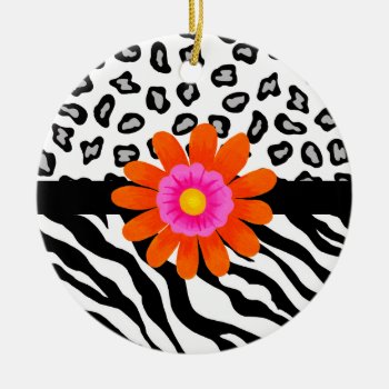 Black & White Zebra & Cheetah Skin & Orange Flower Ceramic Ornament by phyllisdobbs at Zazzle