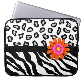 Black & White Zebra & Cheetah Skin & Orange Flower Laptop Sleeve by phyllisdobbs at Zazzle