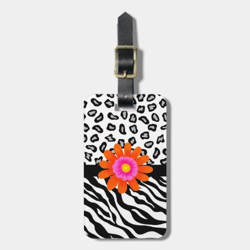 Black  White Zebra  Cheetah Skin  Orange Flower Luggage Tag