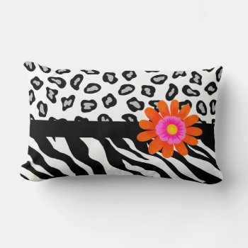 Black & White Zebra & Cheetah Skin & Orange Flower Lumbar Pillow by phyllisdobbs at Zazzle