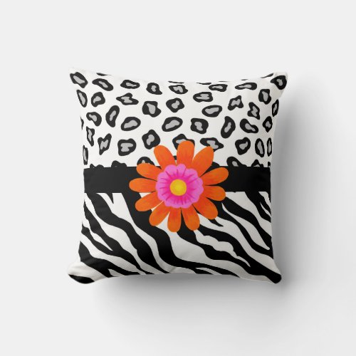 Black  White Zebra  Cheetah Skin  Orange Flower Throw Pillow