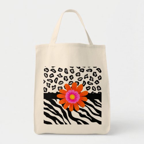 Black  White Zebra  Cheetah Skin  Orange Flower Tote Bag