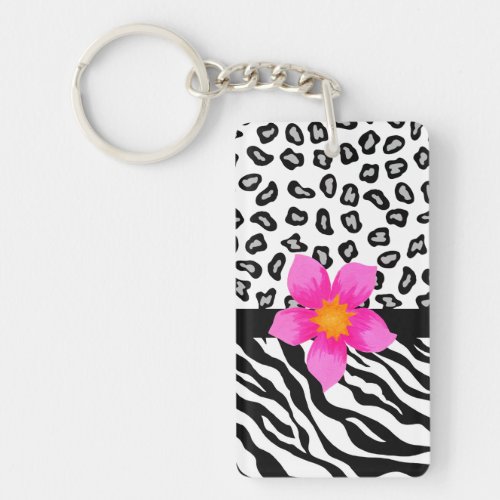Black  White Zebra  Cheetah Skin  Pink Flower Keychain