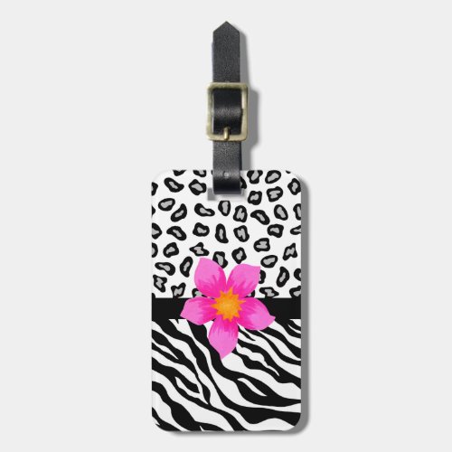 Black  White Zebra  Cheetah Skin  Pink Flower Luggage Tag