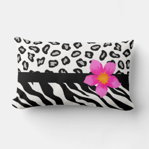 Black & White Zebra & Cheetah Skin & Pink Flower Lumbar Pillow