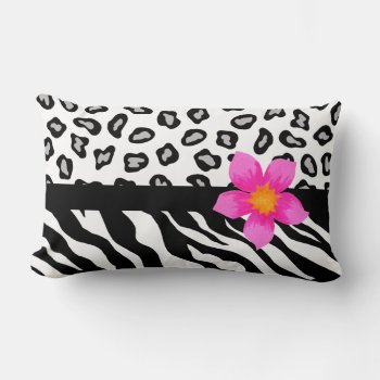Black & White Zebra & Cheetah Skin & Pink Flower Lumbar Pillow by phyllisdobbs at Zazzle