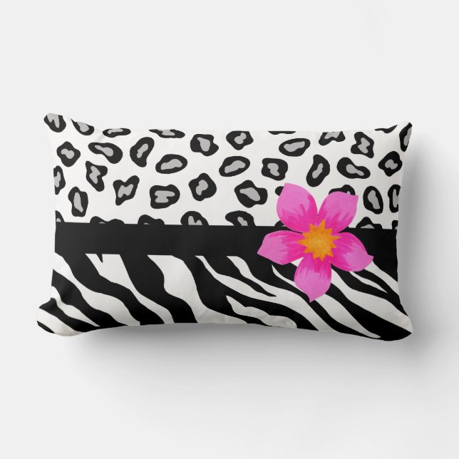 Black & White Zebra & Cheetah Skin & Pink Flower Lumbar Pillow (Front)