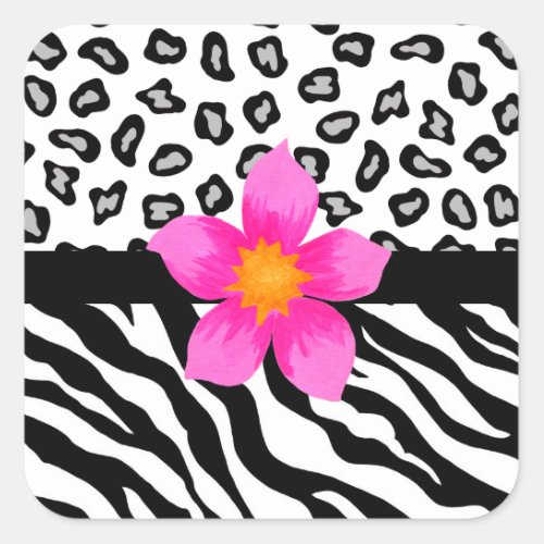 Black  White Zebra  Cheetah Skin  Pink Flower Square Sticker