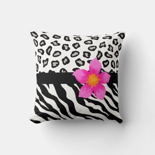 Black  White Zebra  Cheetah Skin  Pink Flower Throw Pillow