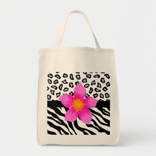 Black  White Zebra  Cheetah Skin  Pink Flower Tote Bag