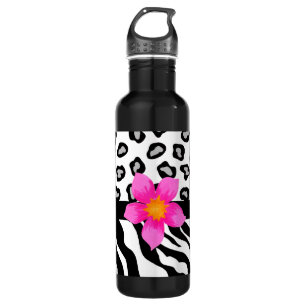 Black & White Zebra & Cheetah Skin & Pink Flower Water Bottle