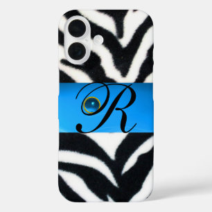 BLACK WHITE ZEBRA FUR AQUA BLUE GEM MONOGRAM iPhone 16 CASE