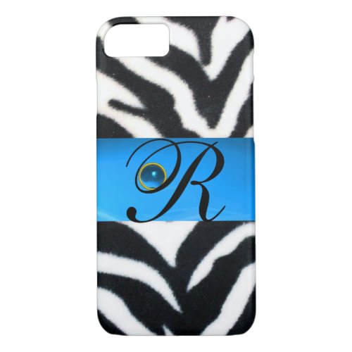 BLACK WHITE ZEBRA FUR AQUA BLUE GEM MONOGRAM iPhone 87 CASE