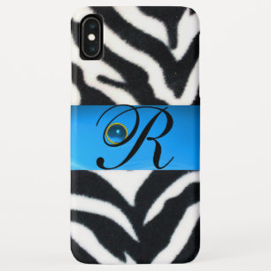 BLACK WHITE ZEBRA FUR AQUA BLUE GEM MONOGRAM, iPhone XS MAX CASE