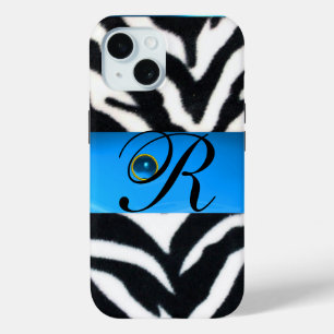 BLACK WHITE ZEBRA FUR AQUA BLUE GEM MONOGRAM, iPhone 15 CASE