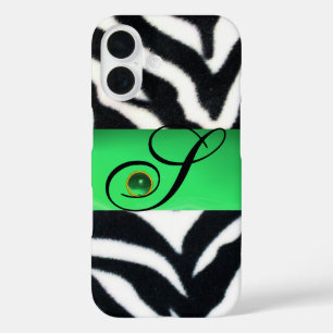 BLACK WHITE ZEBRA FUR EMERALD GREEN GEM MONOGRAM iPhone 16 CASE
