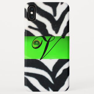 BLACK WHITE ZEBRA FUR EMERALD GREEN GEM MONOGRAM, iPhone XS MAX CASE