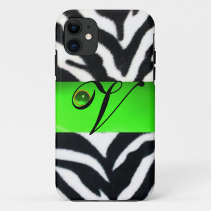 BLACK WHITE ZEBRA FUR EMERALD GREEN GEM MONOGRAM, iPhone 11 CASE