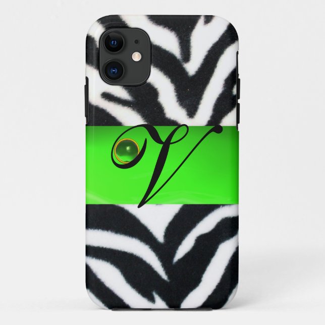 BLACK WHITE ZEBRA FUR EMERALD GREEN GEM MONOGRAM, Case-Mate iPhone CASE (Back)