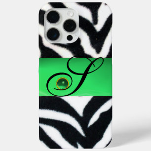 BLACK WHITE ZEBRA FUR EMERALD GREEN GEM MONOGRAM iPhone 15 PRO MAX CASE
