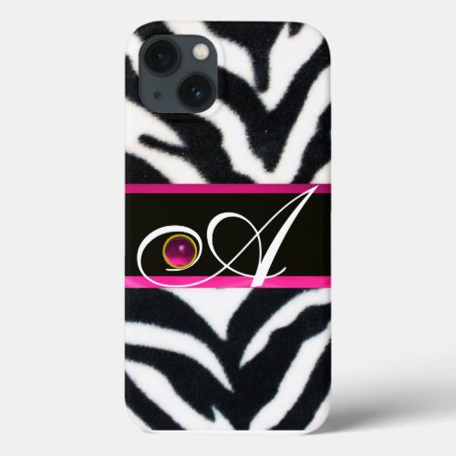 BLACK WHITE ZEBRA FUR FUCHSIA  PINK GEM MONOGRAM iPhone 13 CASE