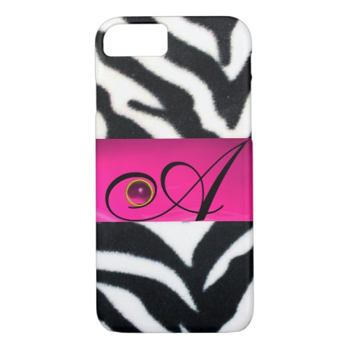 BLACK WHITE ZEBRA FUR  FUCHSIA  PINK GEM MONOGRAM iPhone 87 CASE