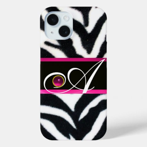 BLACK WHITE ZEBRA FUR FUCHSIA  PINK GEM MONOGRAM iPhone 15 CASE