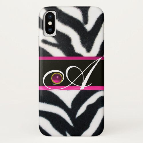 BLACK WHITE ZEBRA FUR FUCHSIA  PINK GEM MONOGRAM iPhone X CASE