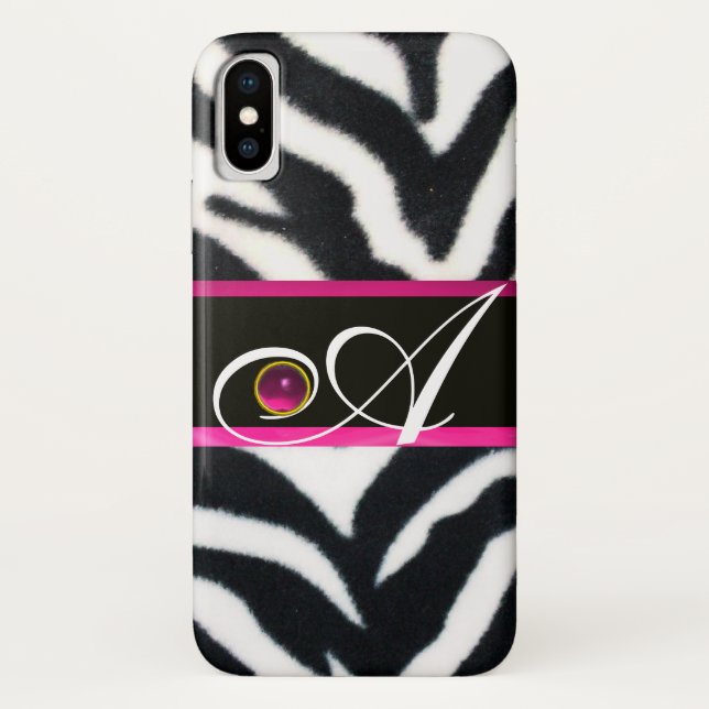 BLACK WHITE ZEBRA FUR FUCHSIA  PINK GEM MONOGRAM, Case-Mate iPhone CASE (Back)