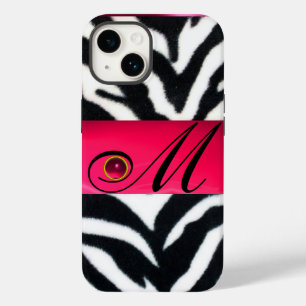 BLACK WHITE ZEBRA FUR FUCHSIA PINK GEM MONOGRAM, Case-Mate iPhone 14 CASE