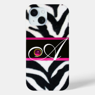 BLACK WHITE ZEBRA FUR FUCHSIA PINK GEM MONOGRAM, iPhone 15 CASE