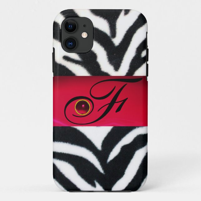 BLACK WHITE ZEBRA FUR  RED  GEM MONOGRAM, Case-Mate iPhone CASE (Back)