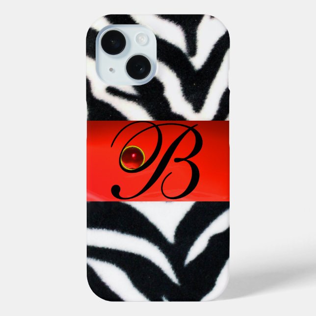 BLACK WHITE ZEBRA FUR  RED  GEM MONOGRAM, Case-Mate iPhone CASE (Back)