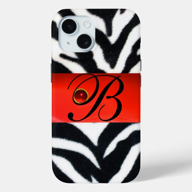 BLACK WHITE ZEBRA FUR  RED  GEM MONOGRAM, Case-Mate iPhone CASE (Back)