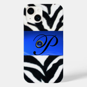 BLACK WHITE ZEBRA FUR SAPPHIRE BLUE GEM MONOGRAM, Case-Mate iPhone 14 CASE