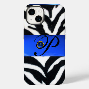BLACK WHITE ZEBRA FUR SAPPHIRE  BLUE GEM MONOGRAM, Case-Mate iPhone 14 CASE