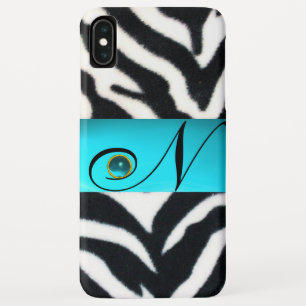 BLACK WHITE ZEBRA FUR TEAL AQUA BLUE GEM MONOGRAM, iPhone XS MAX CASE