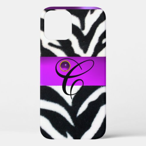 BLACK WHITE ZEBRA FUR VIOLET PURPLE GEM MONOGRAM iPhone 12 CASE