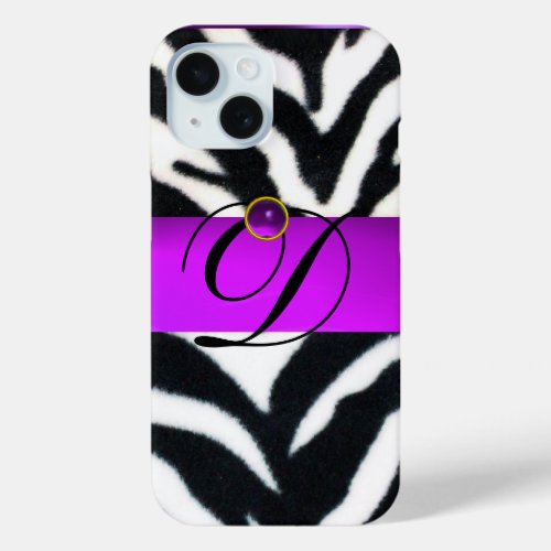 BLACK WHITE ZEBRA FUR VIOLET PURPLE GEM MONOGRAM iPhone 15 CASE