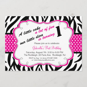 Black & White Zebra Girls First Birthday Invite