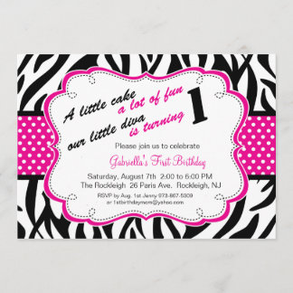 Black & White Zebra Girls First Birthday Invite