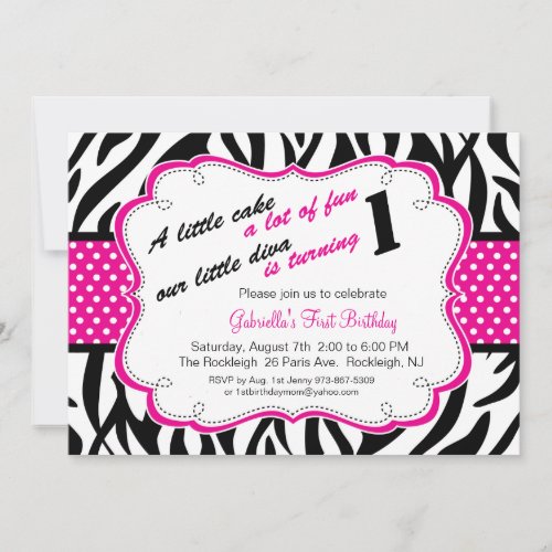 Black &amp; White Zebra Girls First Birthday Invite