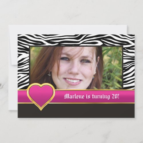 Black white zebra &amp; heart 20th birthday photo invites