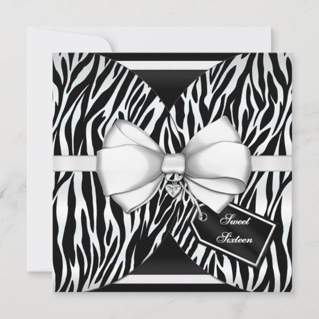Black White Zebra Invite Ribbon & Jeweled Bow (Front)