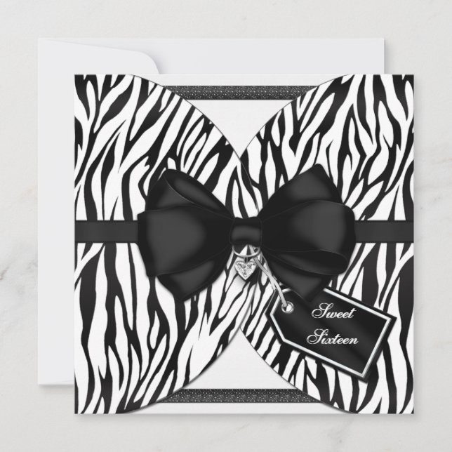 Black White Zebra Invite Ribbon & Jeweled Bow (Front)