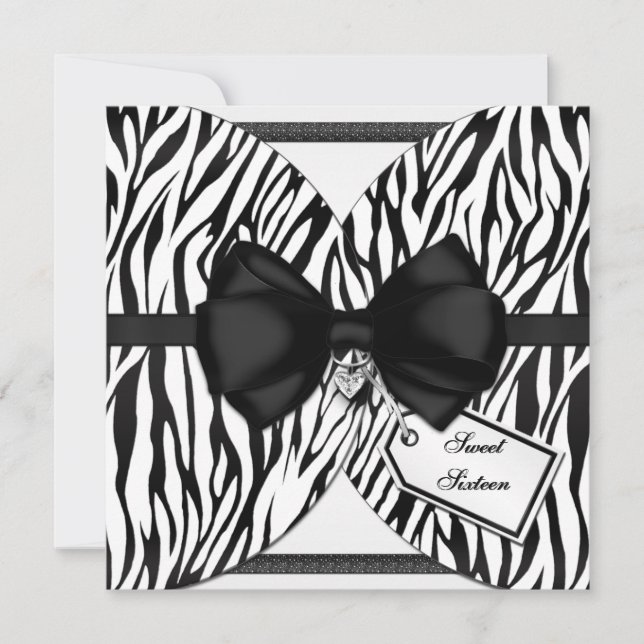 Black White Zebra Invite Ribbon & Jeweled Bow (Front)