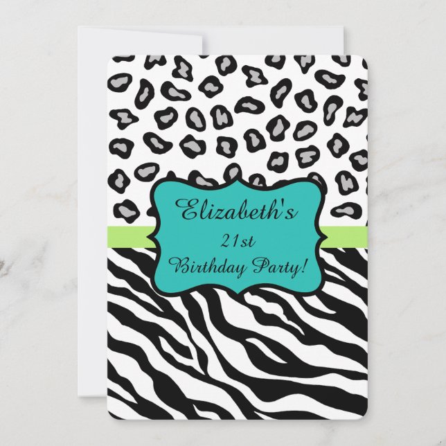 Black White Zebra Leopard Skin 21th Birthday Party Invitation (Front)