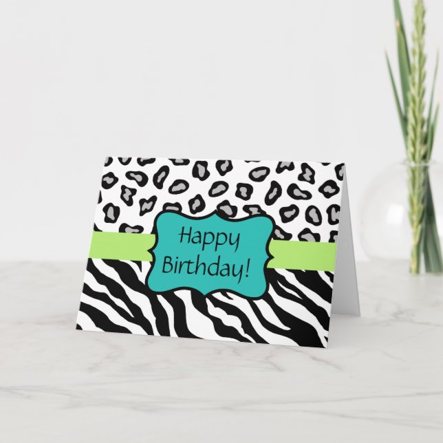 Black & White Zebra & Leopard Skin Birthday Card (Front)
