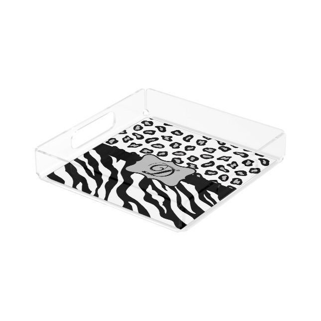 Black White Zebra Leopard Skin Monogram Acrylic Tray (Angled)