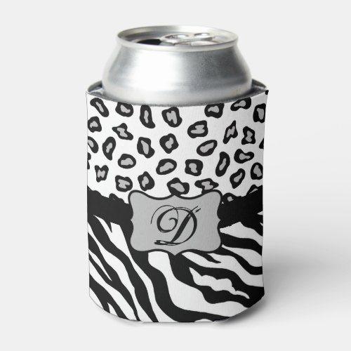 Black White Zebra Leopard Skin Monogram Can Cooler